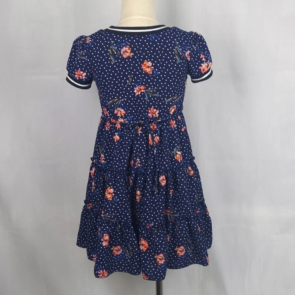 Zunie Floral tiered dress with ruffles tieback polka dot - blue - size 6X